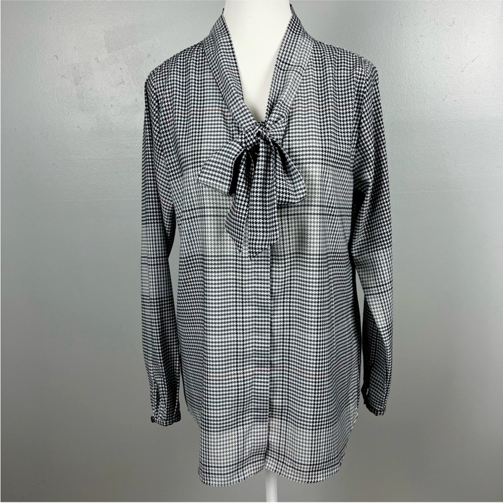 Vintage Barbour Secretary blouse bow tie neck houndstooth pattern fits M/L